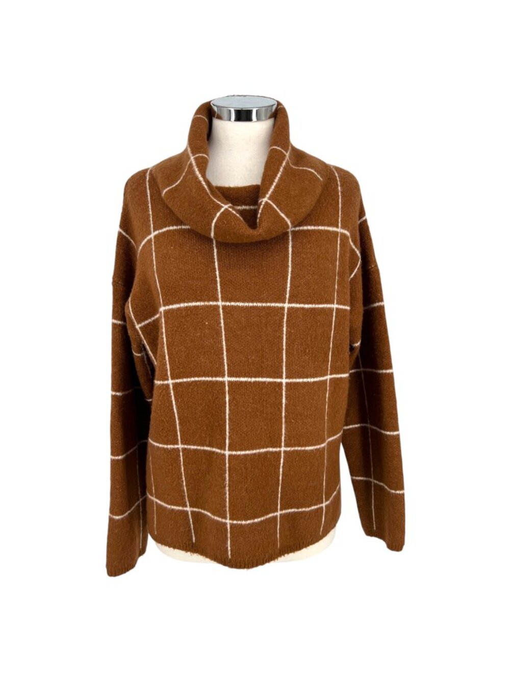 Lumière Windowpane Cowl Neck Sweater Brown Size Medium
